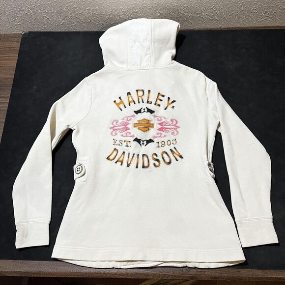 Harley-Davidson Jackets & Blazers - Harley Davidson Coat Women Large Blazer Hooded Fleece Pea Coat Embroidered Biker